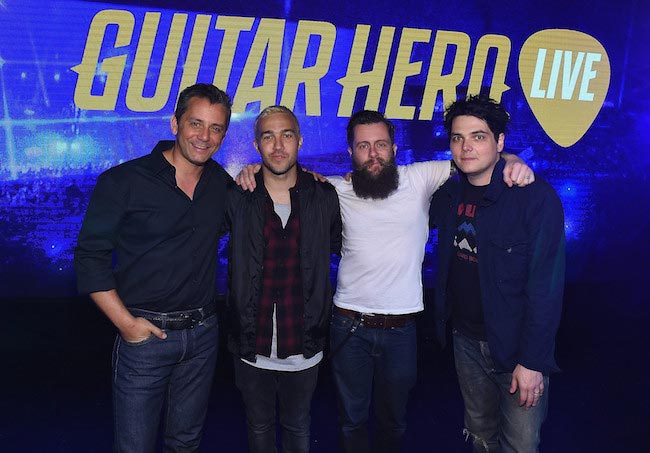 Eric Hirshberg, Pete Wentz, Jamie Jackson and Gerard Way at the revealing of All-New Guitar Hero Live game in April 2015