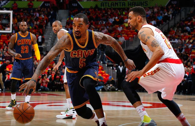 J. R. Smith in action in a game of 3 of the Eastern Conference Semifinals during the 2016 NBA Playoffs against Atlanta Hawks