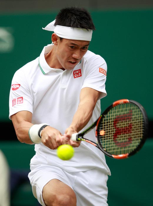 Kei Nishikori during a match against Julien Benneteau at 2016 Wimbledon on June 30, 2016 in London, England