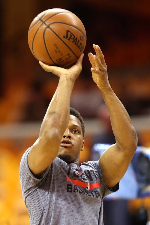 Kyle Lowry shooting the ball during warm up before game one of the 2016 NBA Eastern Conference Finals against Cleveland Cavaliers