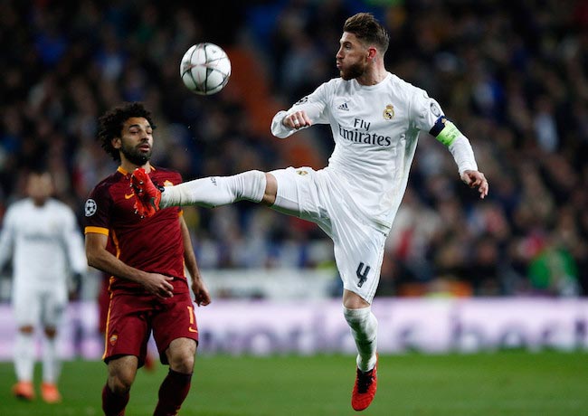 Sergio Ramos in duel with Mohamed Salah during a game between Real Madrid and Roma on March 8, 2016