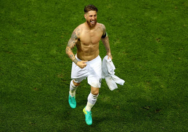 Sergio Ramos shirtless celebrates the UEFA Champions League title after his team Real Madrid managed to beat Atletico Madrid in the finals on May 28, 2016