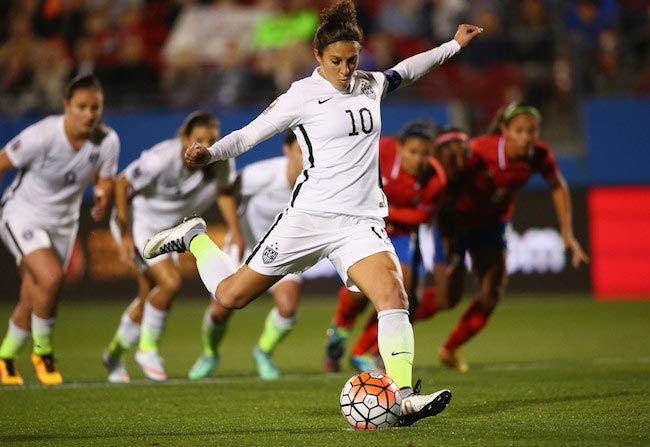 Carli Lloyd takes a penalty kick against Costa Rica on February 10, 2016 during Women’s Olympic Qualifying tournament