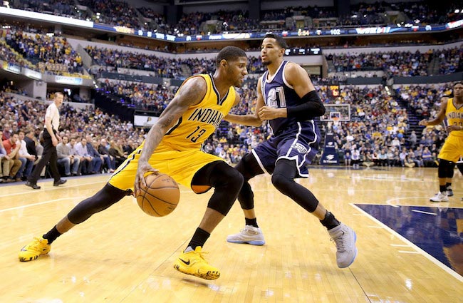 Paul George in action against Oklahoma City Thunder on March 19, 2016 in Indiana