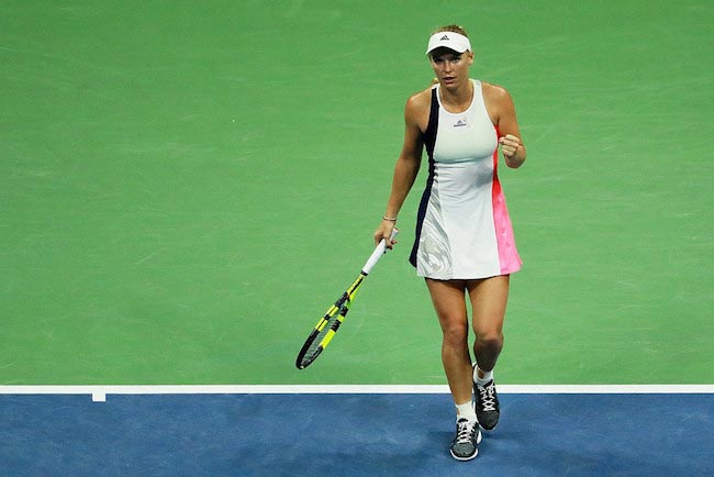 Caroline Wozniacki’s reaction after winning a point against Anastasija Sevastova during Day Nine of the 2016 US Open Tour