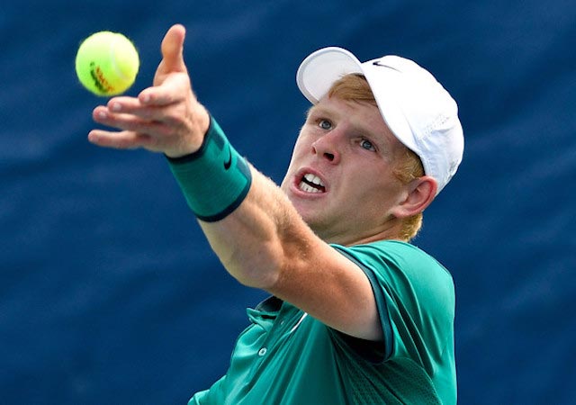 Kyle Edmund serves during Winston-Salem Open on August 22, 2016 in Winston Salem, North Carolina