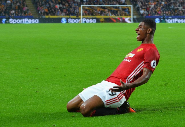 Marcus Rashford shows excitement after a goal during a Premier League match between Manchester United and Hull City on August 27, 2016