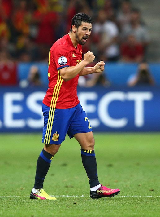 Nolito shows excitement after Spain’s second goal against Turkey during the UEFA Euro 2016 in Nice, France