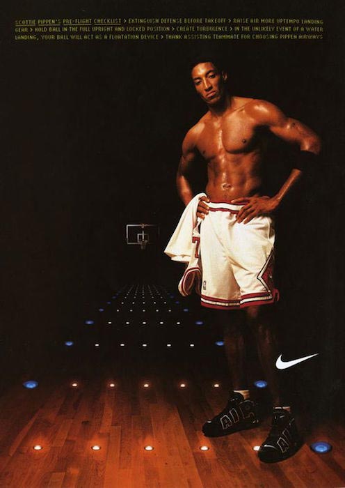 Scottie Pippen posing shirtless for a Nike print ad in 1998