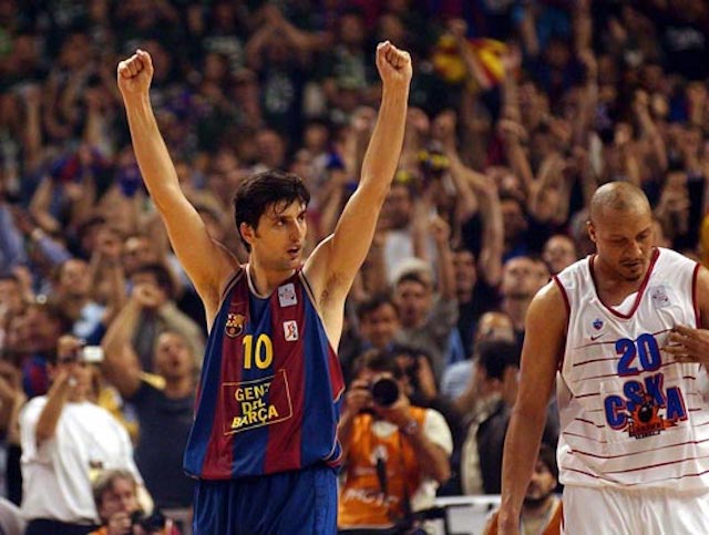 Dejan Bodiroga celebrates a win for his team Barcelona in a match against CSKA Moscow