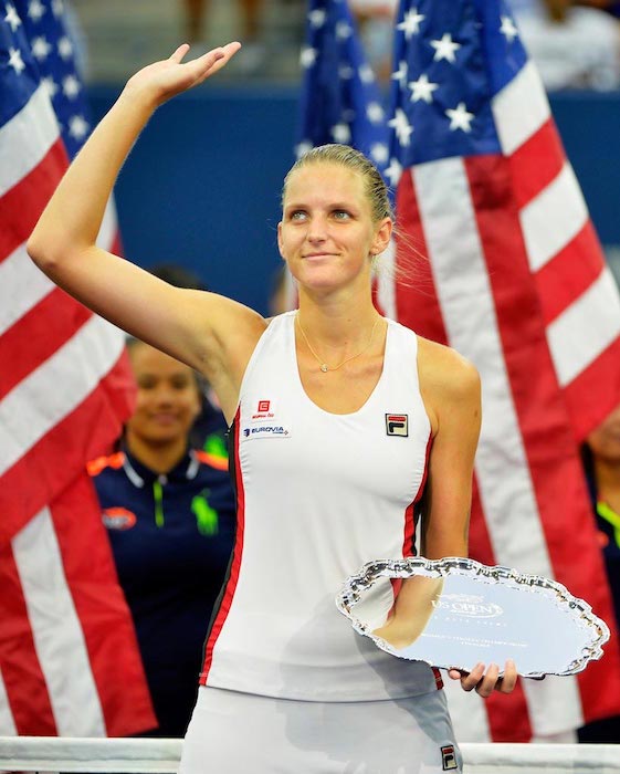 Karolina Pliskova holds the award for a second place at the 2016 US Open after losing to Angelique Kerber of Germany in the finals