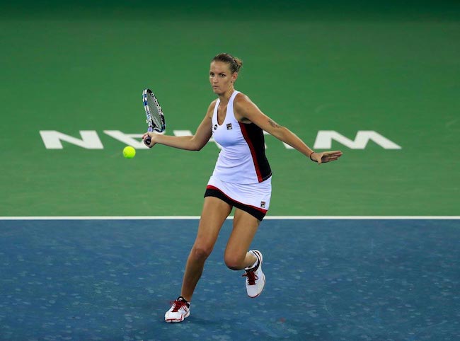 Karolina Pliskova plays forehand during a match against Lucie Safarova at 2016 Dongfeng Motor Wuhan Open