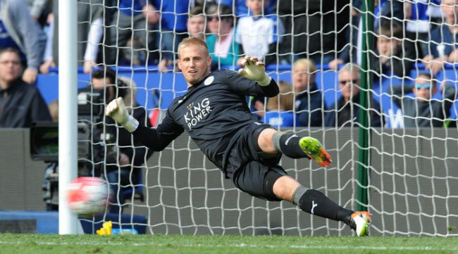 Kasper Schmeichel watches penalty sneak in against West Ham United in a premier league fixture in April 2016