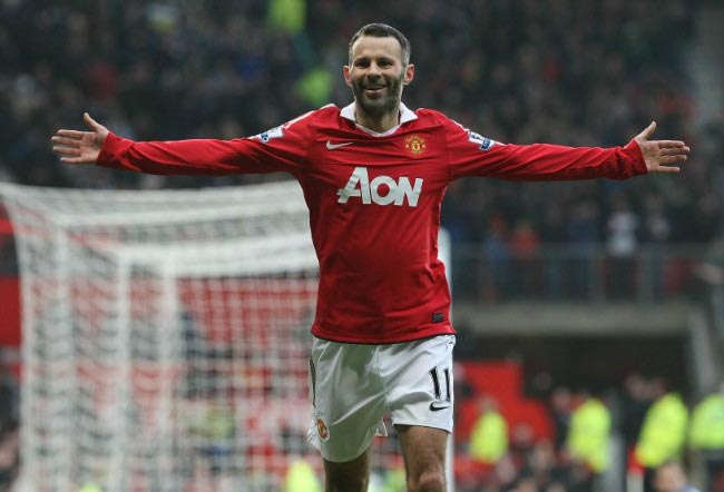 Ryan Giggs celebrates after scoring a goal in home match at Old Trafford in Premier League in 2010