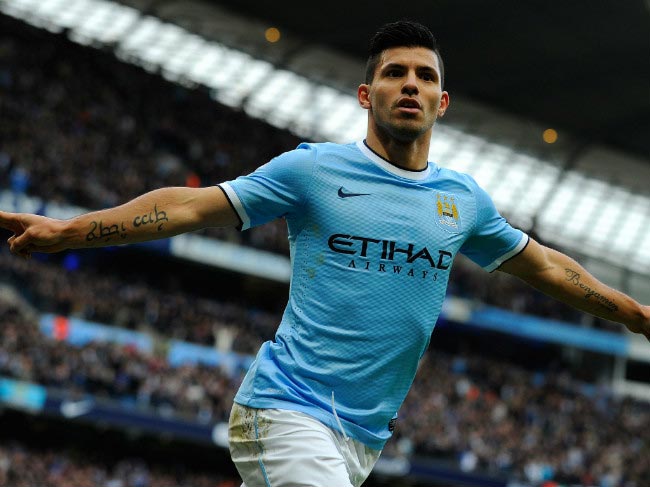 Sergio Agüero peels off after scoring a goal at Manchester City home game