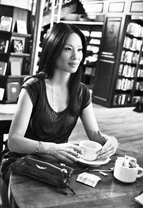 Lucy Liu having coffee