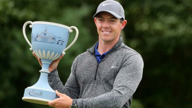 Rory McIlroy with the trophy after winning TPC Boston competition in September 2016