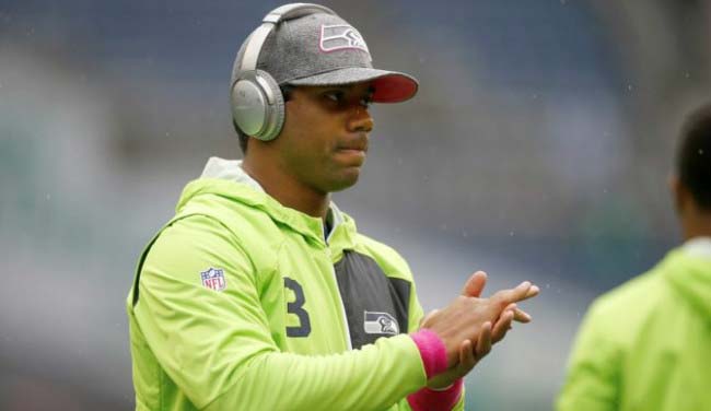 Russell Wilson warming up before a NFL game in October 2016