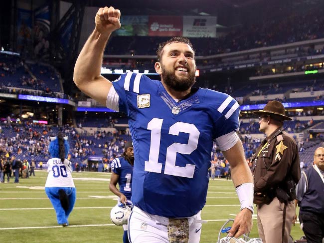 Andrew Luck celebrates winning game for Colts in 2015