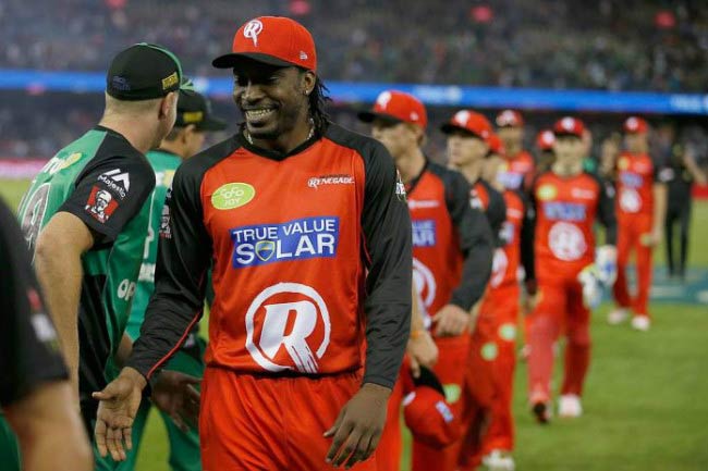 Chris Gayle after a match between the Melbourne Renegades and the Melbourne Stars in January 2016