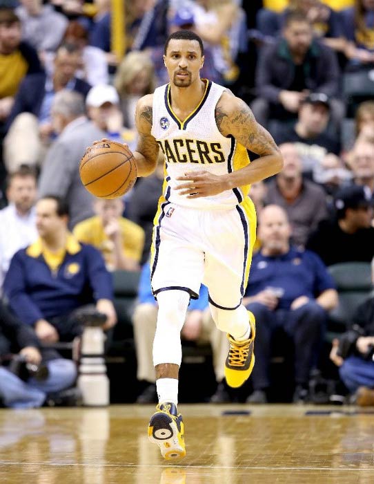 George Hill dribbles during a match between Portland Trail Blazers and Indiana Pacers in February 2016