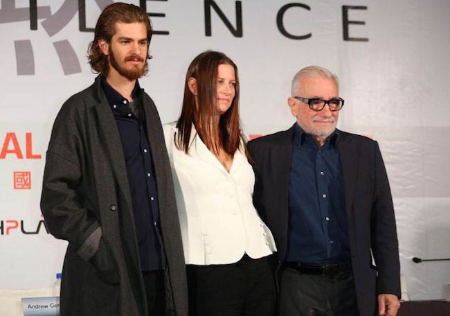 Martin Scorsese and Andrew Garfield during the press conference to promote their new movie Silence in May 2015 in Taiwan