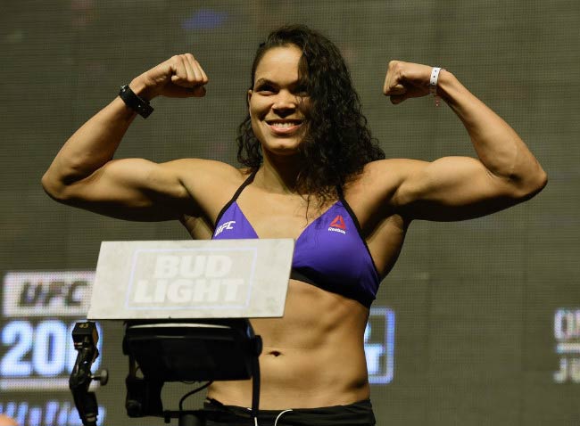 Amanda Nunes on the scale during her weigh-in for UFC 200 in July 2016