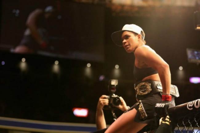 Amanda Nunes after victory over Ronda Rousey in their UFC women's bantamweight championship bout during the UFC 207 event in December 2016