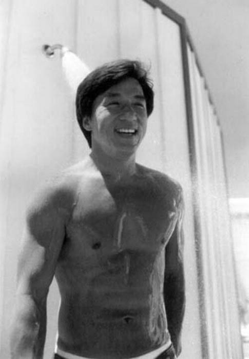 Jackie Chan shirtless in a modeling photoshoot