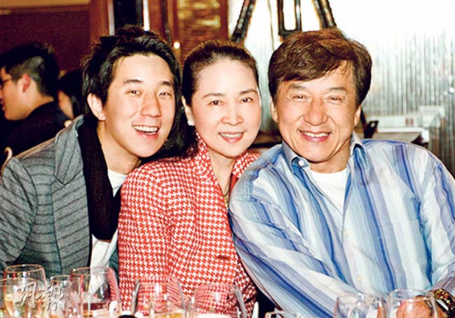 Jackie Chan with his wife Feng-Jiao and son Jaycee Chan