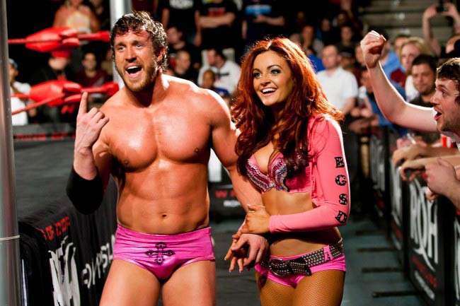 Maria Kanellis and Mike Bennett after a wrestling match