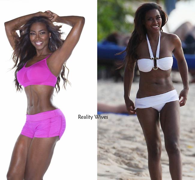 On left – Kenya Moore’s cover photo for the Booty Bootcamp DVD released in March 2013. On right - Kenya’s bikini photo clicked on a beach in Barbados in December 2012