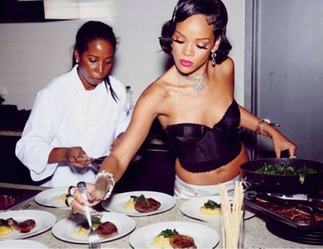 Rihanna helping Debbie Solomon in the kitchen