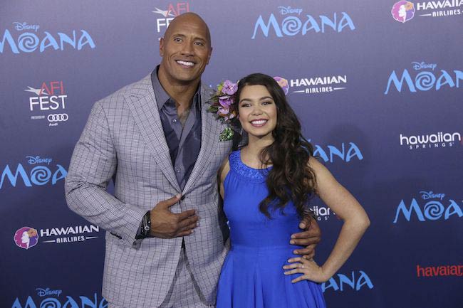 Auli'i Cravalho at the AFI Fest with co-star Dwayne Johnson for the premiere of Moana in November 2016