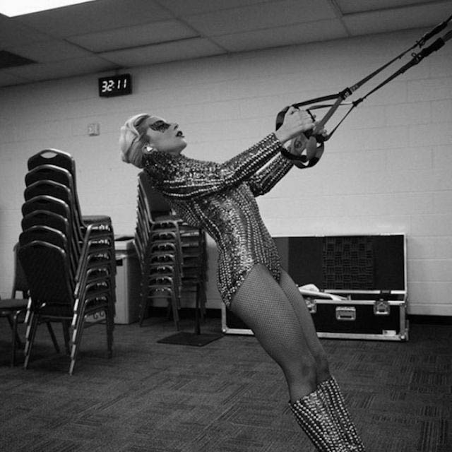 Lady Gaga while holding the cable