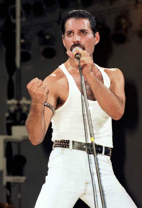 Freddie Mercury while performing on stage in 80’s