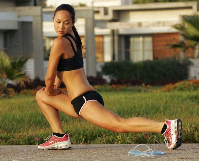 Myleene Klass doing stretching exercise