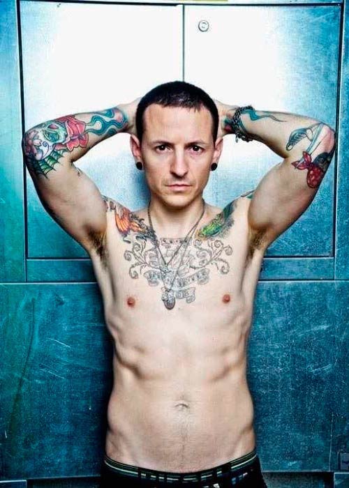 Chester Bennington shirtless in a modeling photoshoot