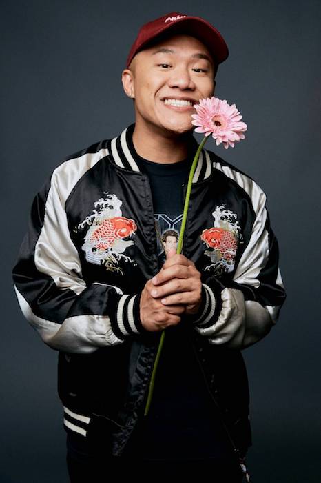 Timothy DeLaGhetto in a photoshoot during July-August 2016 in a Koi Fish Bomber jacket