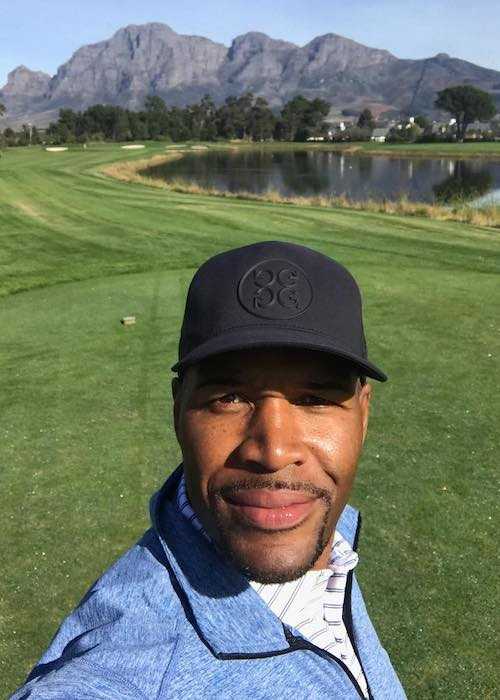 Michael Strahan after playing golf at Pearl Valley outside of Cape Town in July 2017