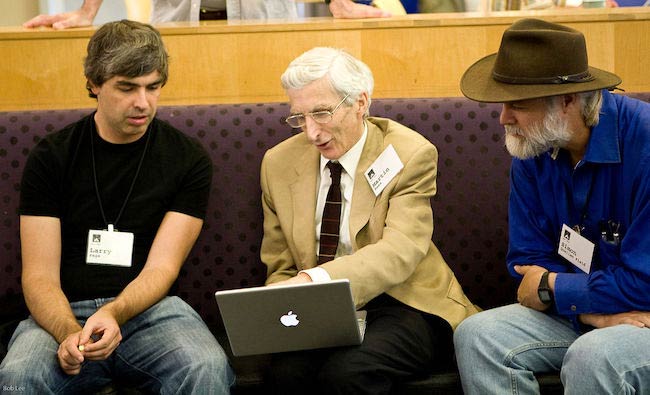 Larry Page, Martin Rees, and Simon Quellen Field [From Left] at a conference in 2008