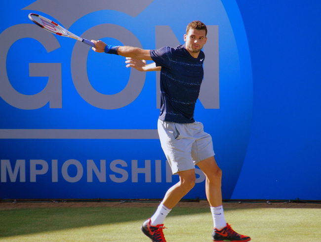 Grigor Dimitrov playing during Aegon Championships in 2014