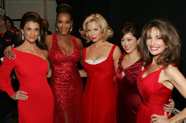 [Left to Right] Samantha Harris, Vivica A. Fox, Jennie Garth, Kristi Yamaguchi, and Susan Lucci backstage during the 2009 Heart Truth Fashion Show