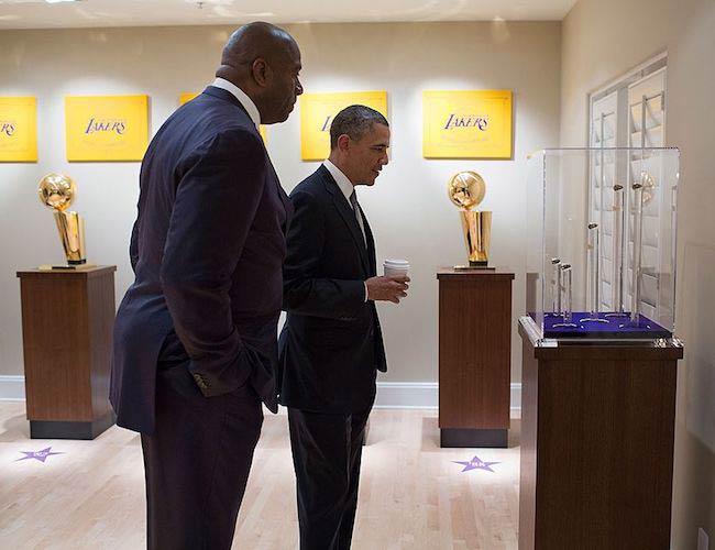 Barack Obama at the trophy room in Magic Johnson's home in Beverly Hills, California in November 2013
