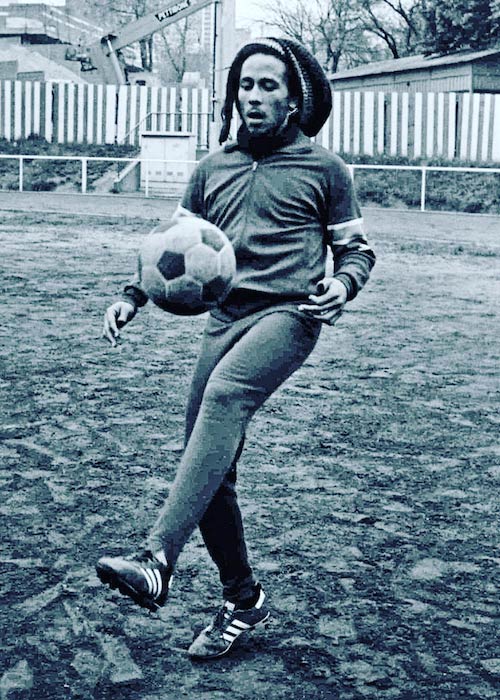 Bob Marley playing football in Paris during the Exodus tour in 1977
