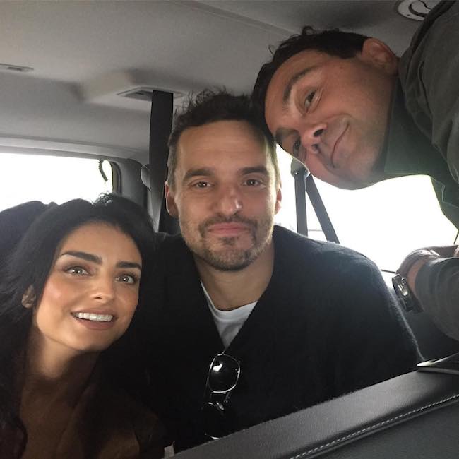 Jake Johnson (Center) with Aislinn Derbez (Left) and Joe Lo Truglio (Right) in March 2017