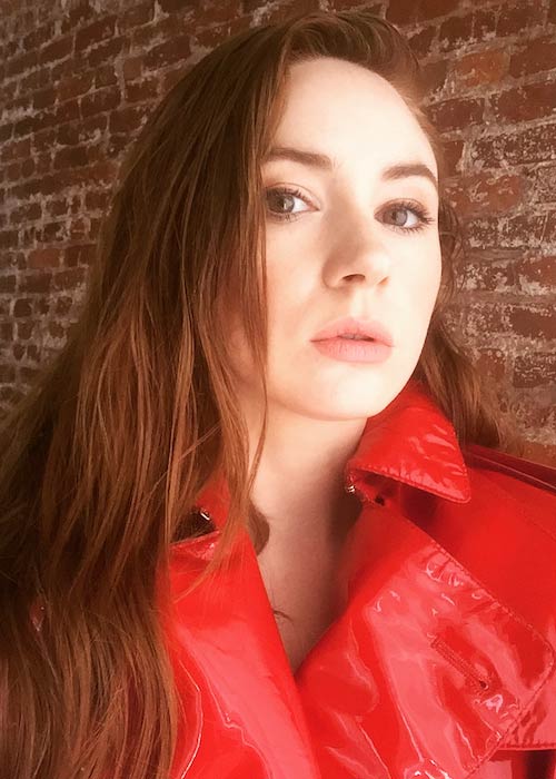 Karen Gillan wearing Burberry red dress with wet hair in April 2018