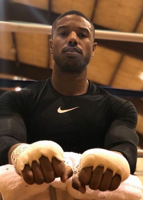 Michael B. Jordan doing boxing training with boxing trainer Patrice Harris for the film "Creed 2" in 2018