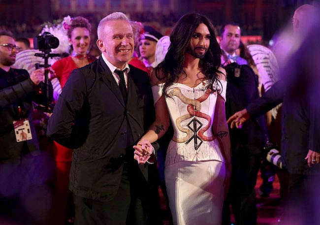 Conchita Wurst and Jean-Paul Gaultier on the red carpet on the square in front of the Rathaus in Austria in 2014