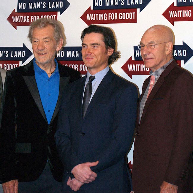 (Left to Right) Actors Ian McKellen, Billy Crudup and Patrick Stewart in September 2013 at Sardi's restaurant in Manhattan's theater district for the Broadway shows Waiting for Godot and No Man's Land